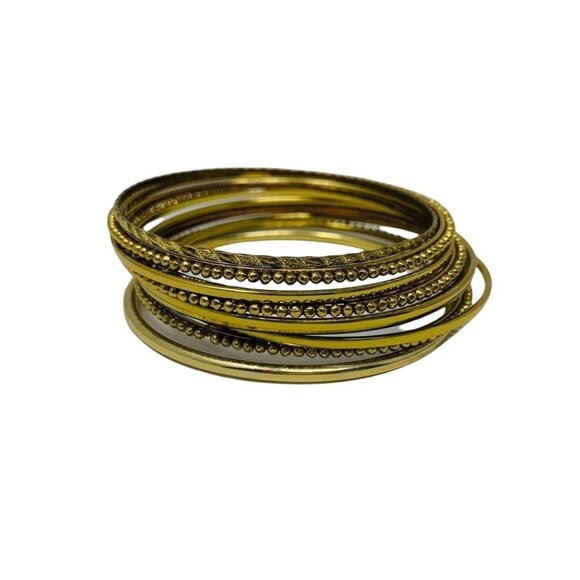 Gold Metal Bangle Bracelets Set of 10 Brass Vintage Inspired Boho - Picture 1 of 4